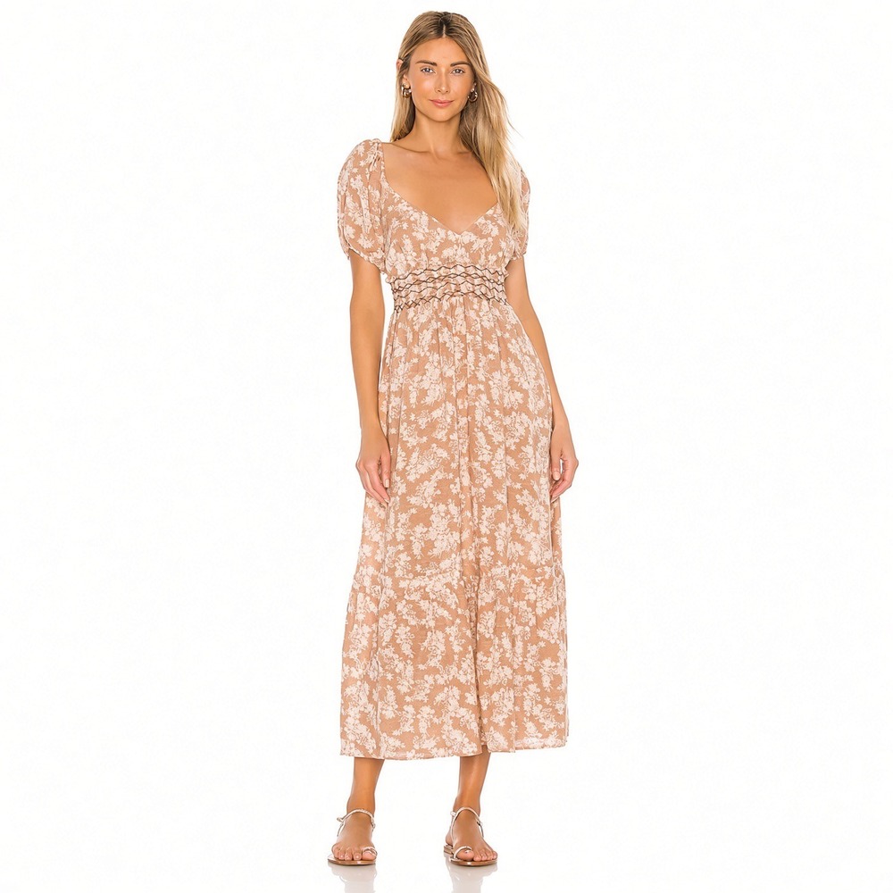 Free People Ellie Printed Maxi Dress Neutral Floral Smocked Waist Small Boho